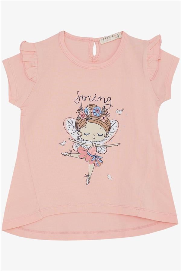 Girls' T-Shirt, Spring Theme, Ballerina Girl Print, Salmon (1.5-5 Years)