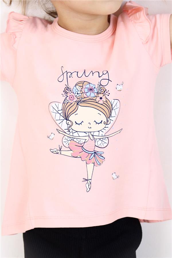 Girls' T-Shirt, Spring Theme, Ballerina Girl Print, Salmon (1.5-5 Years)