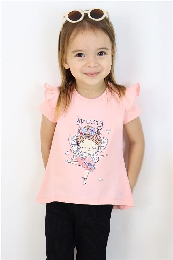 Girls' T-Shirt, Spring Theme, Ballerina Girl Print, Salmon (1.5-5 Years)