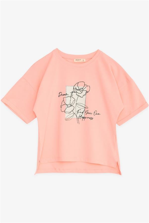 Girls' T-shirt with Floral Print, Salmon (Ages 8-10)