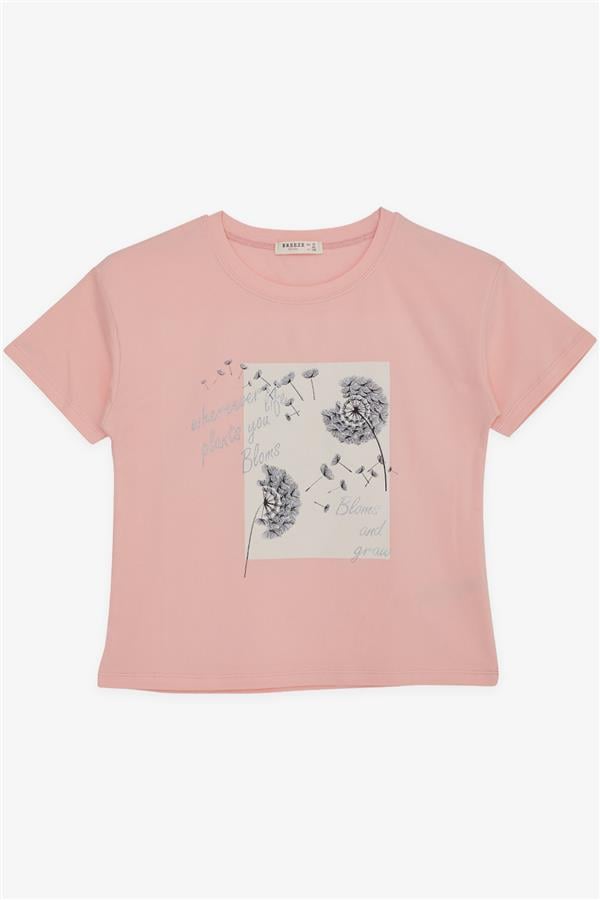Girls' T-Shirt with Floral Print, Salmon (Ages 9-12)