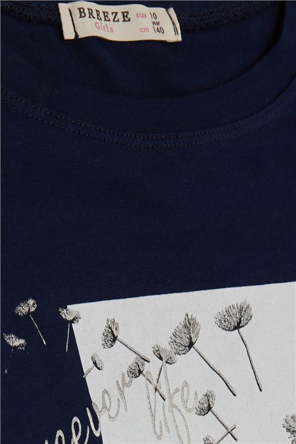 Girls' T-shirt with Floral Print, Navy Blue (Ages 9-14)