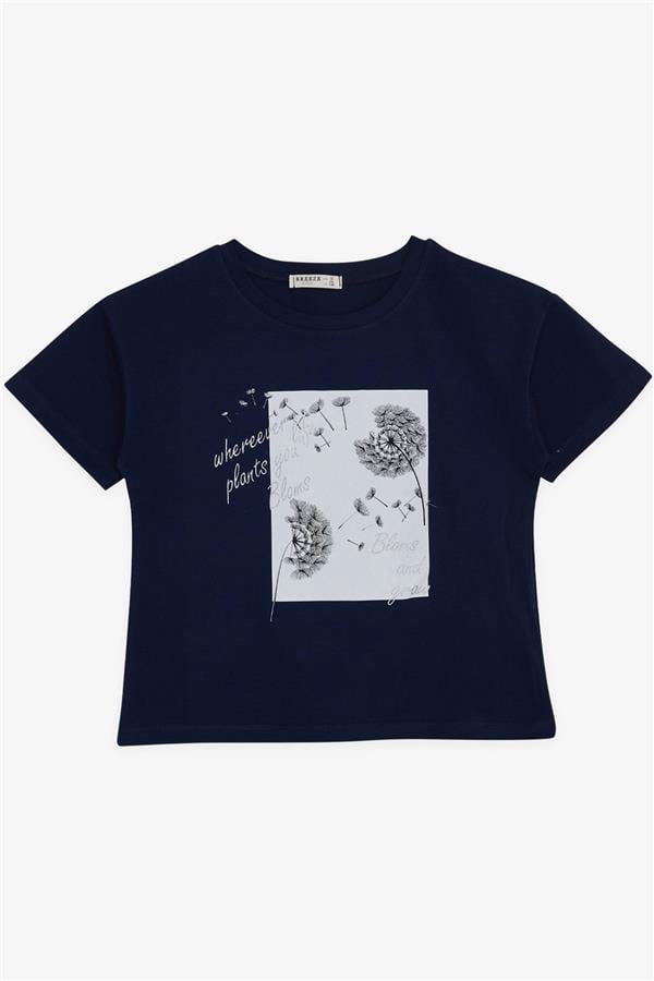 Girls' T-shirt with Floral Print, Navy Blue (Ages 9-14)
