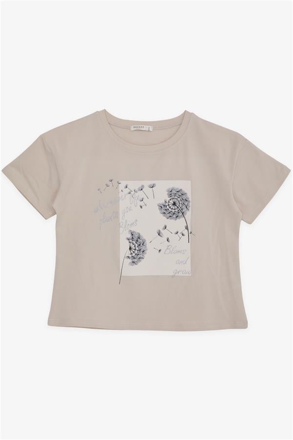 Girls' T-shirt with Floral Print, Beige (Ages 9-14)