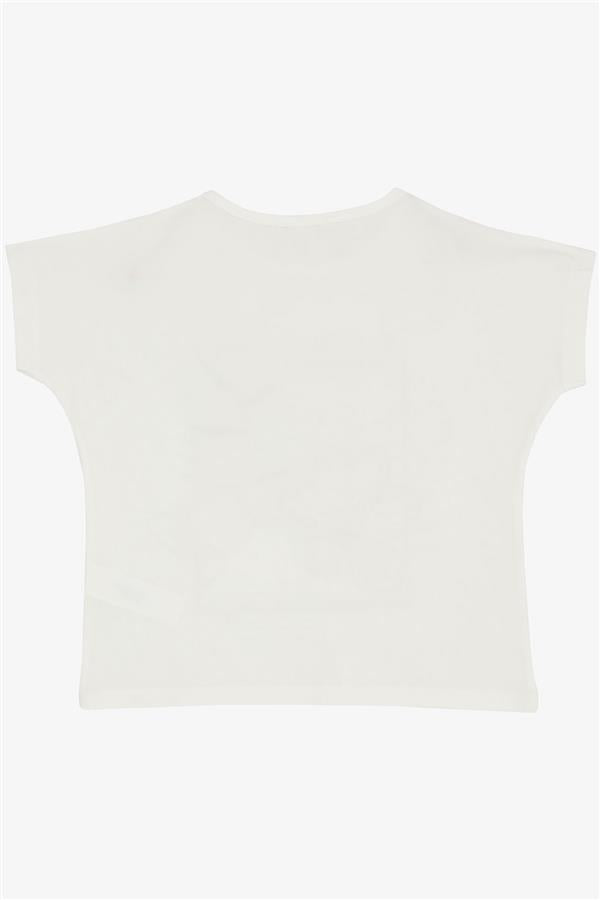 Girls' T-shirt with Floral Print and Sequins, Off-White (Ages 10-16)