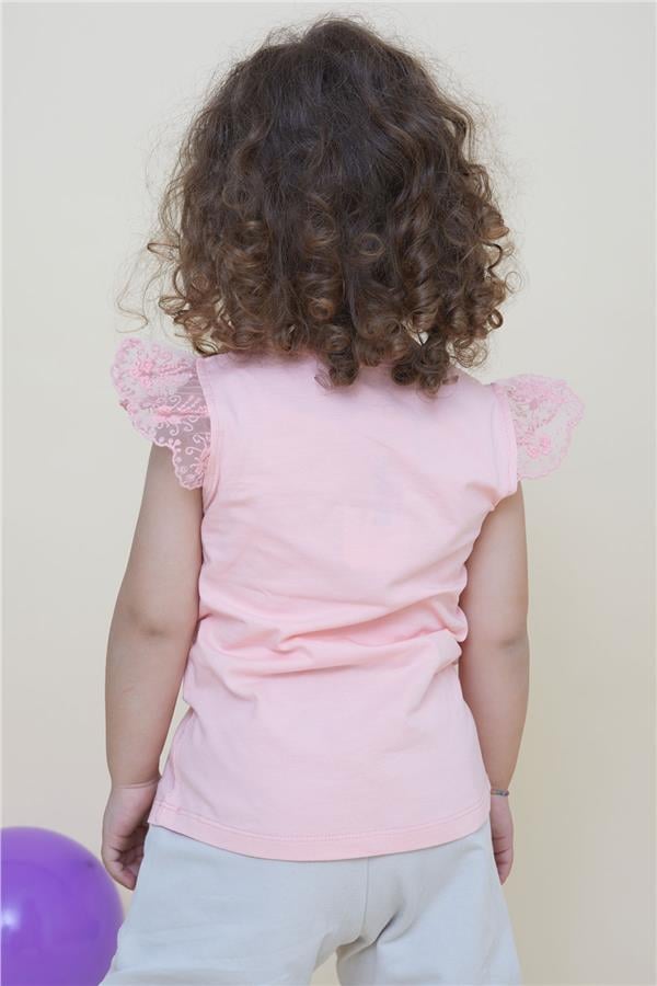 Girls' T-shirt with Crazy Girl Print, Embroidered Lace Sleeves, Salmon Color (1.5-5 Years)