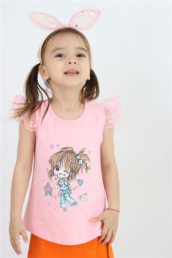 Girls' T-shirt with Crazy Girl Print, Embroidered Lace Sleeves, Pink (1.5-5 Years)