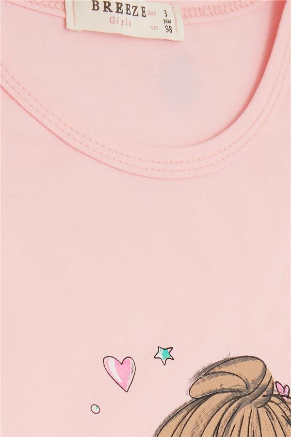 Girls' T-shirt with Crazy Girl Print, Embroidered Lace Sleeves, Pink (1.5-5 Years)
