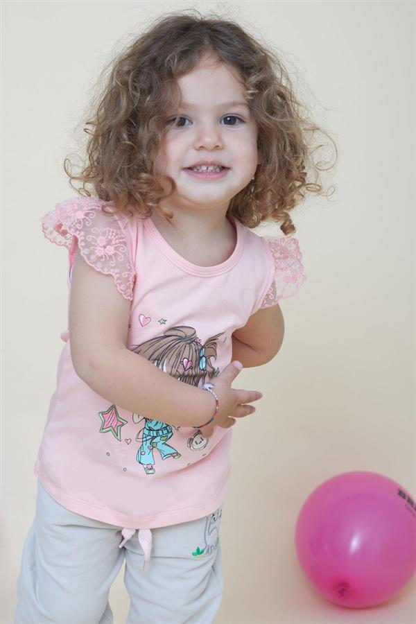 Girls' T-shirt with Crazy Girl Print, Embroidered Lace Sleeves, Salmon Color (1.5-5 Years)