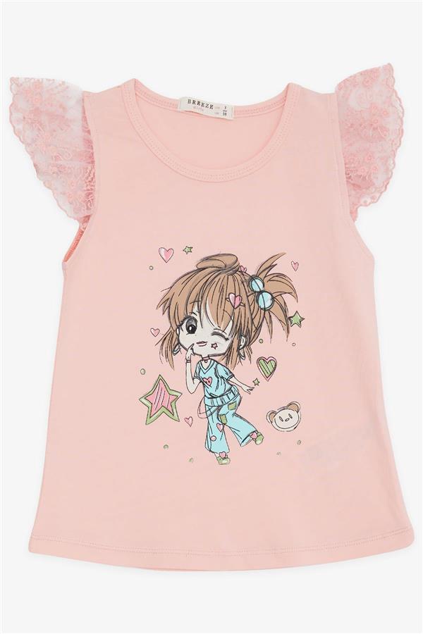 Girls' T-shirt with Crazy Girl Print, Embroidered Lace Sleeves, Salmon Color (1.5-5 Years)