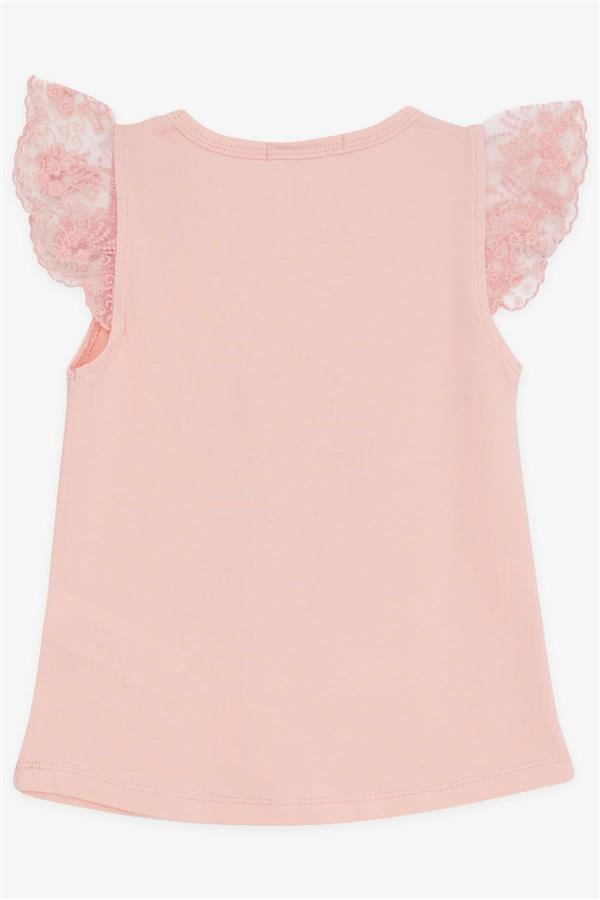 Girls' T-shirt with Crazy Girl Print, Embroidered Lace Sleeves, Salmon Color (1.5-5 Years)