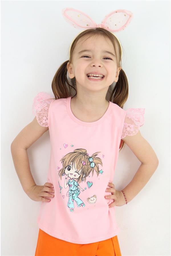 Girls' T-shirt with Crazy Girl Print, Embroidered Lace Sleeves, Pink (1.5-5 Years)
