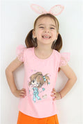 Girls' T-shirt with Crazy Girl Print, Embroidered Lace Sleeves, Pink (1.5-5 Years)