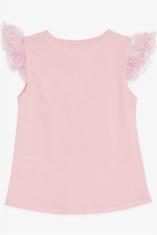 Girls' T-shirt with Crazy Girl Print, Embroidered Lace Sleeves, Pink (1.5-5 Years)