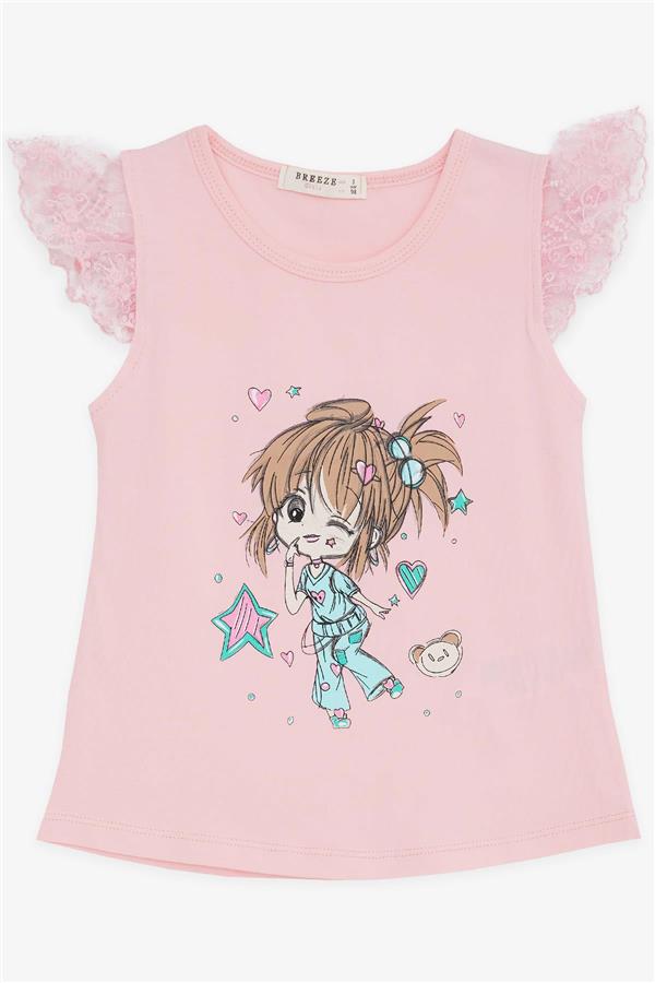 Girls' T-shirt with Crazy Girl Print, Embroidered Lace Sleeves, Pink (1.5-5 Years)