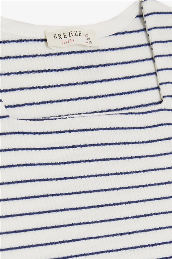 Girls' Striped Square Neck T-Shirt with Emblem, White (Ages 9-14)