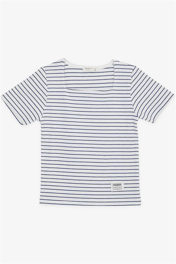 Girls' Striped Square Neck T-Shirt with Emblem, White (Ages 9-14)