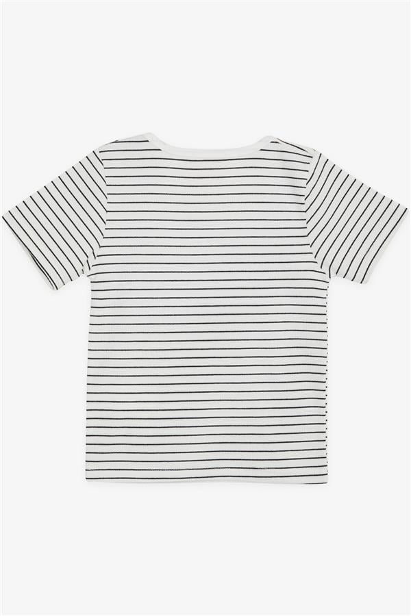 Girls' Striped Square Neck T-Shirt with Emblem, Ecru (Ages 9-14)