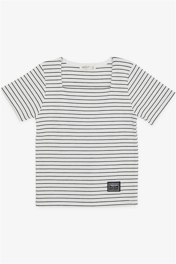 Girls' Striped Square Neck T-Shirt with Emblem, Ecru (Ages 9-14)
