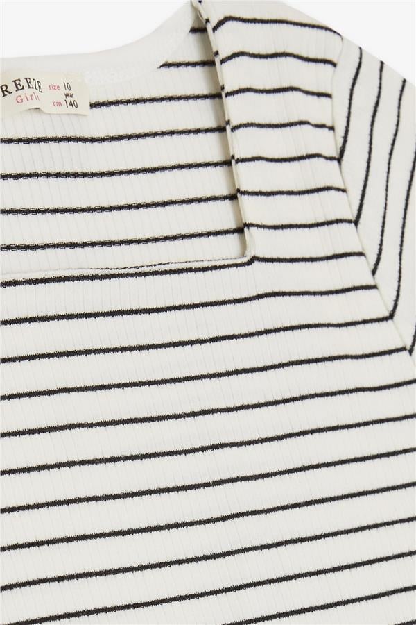 Girls' Striped Square Neck T-Shirt with Emblem, Ecru (Ages 9-14)