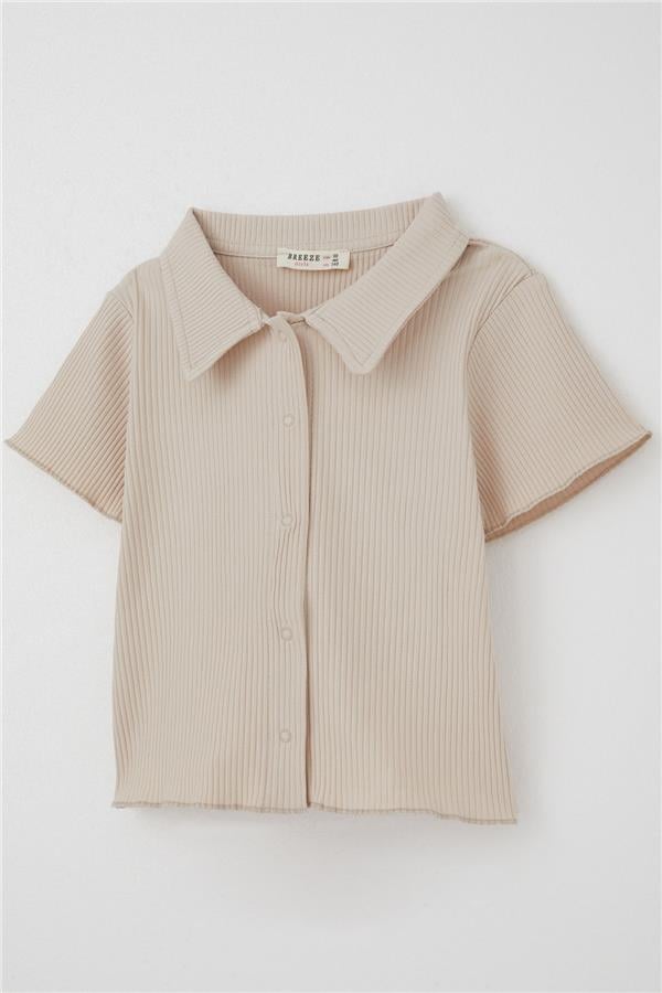 Girls' Crop T-Shirt with Snap Buttons, Corduroy, Beige (Ages 9-14)