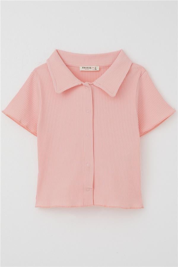 Girls' Crop T-Shirt with Snap Buttons, Ribbed, Salmon (Ages 9-14)