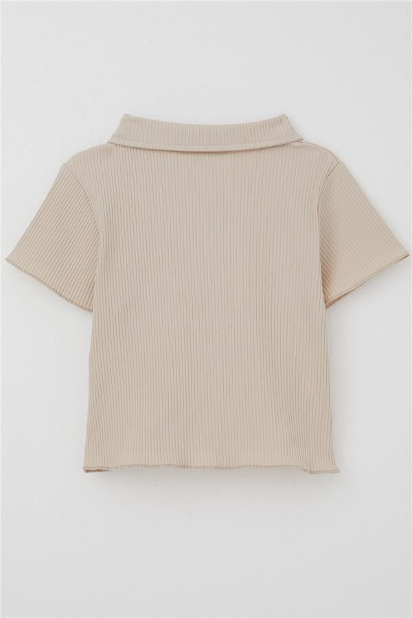 Girls' Crop T-Shirt with Snap Buttons, Corduroy, Beige (Ages 9-14)