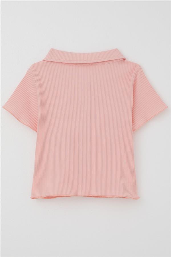 Girls' Crop T-Shirt with Snap Buttons, Ribbed, Salmon (Ages 9-14)