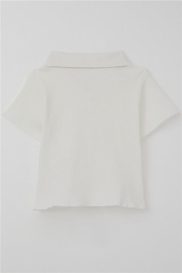 Girls' Crop T-Shirt with Snap Buttons, Ribbed, Ecru (Ages 9-14)