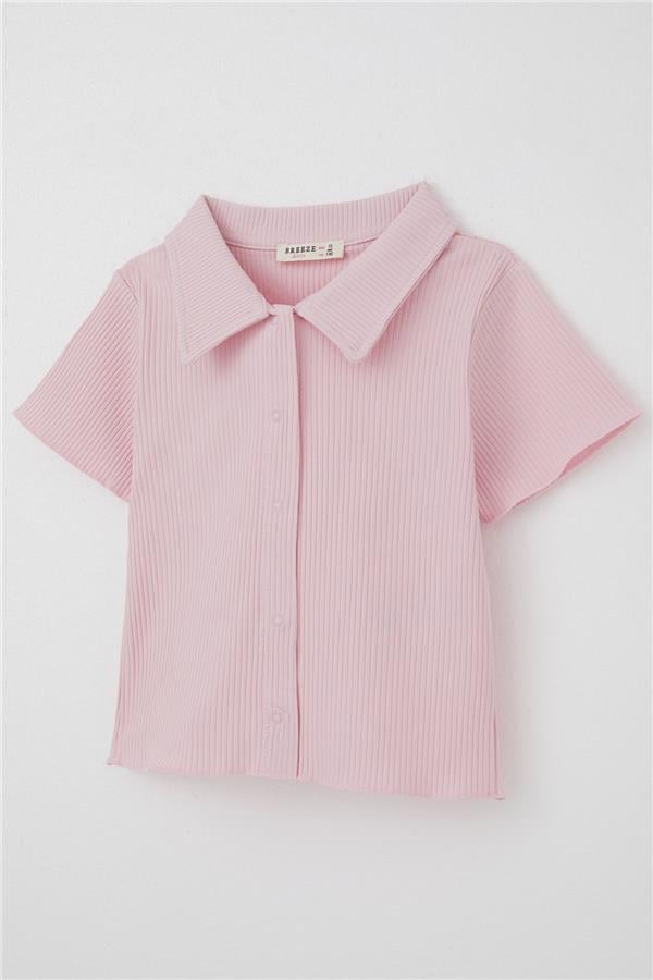 Girls' Crop T-Shirt, Snap Button, Ribbed, Pink (Ages 9-14)