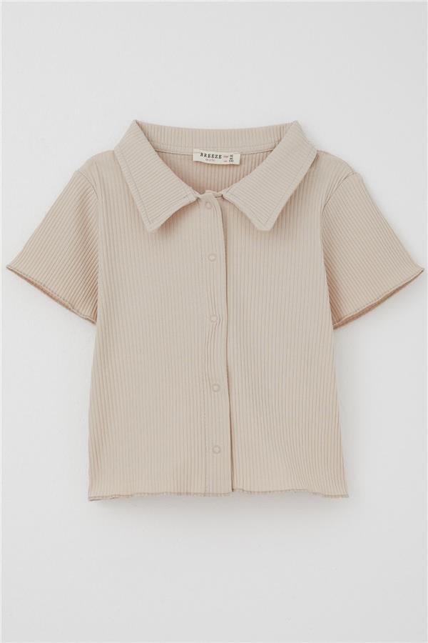 Girls' Crop T-Shirt with Snap Buttons, Corduroy, Beige (Ages 9-14)