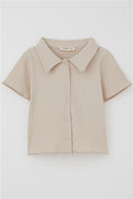 Girls' Crop T-Shirt with Snap Buttons, Corduroy, Beige (Ages 9-14)