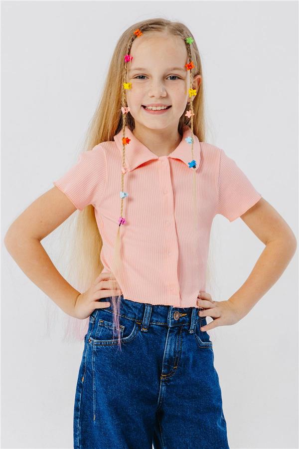 Girls' Crop T-Shirt with Snap Buttons, Ribbed, Salmon (Ages 9-14)
