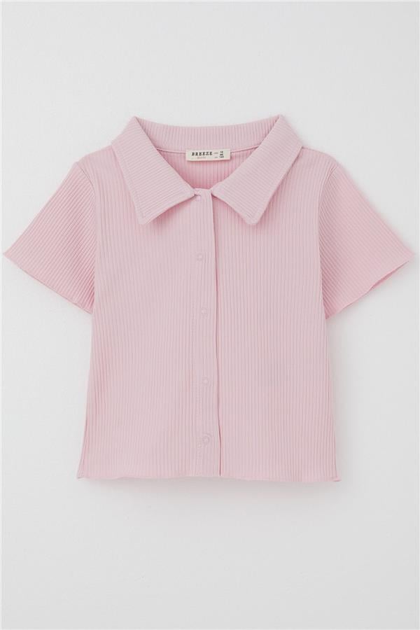 Girls' Crop T-Shirt, Snap Button, Ribbed, Pink (Ages 9-14)