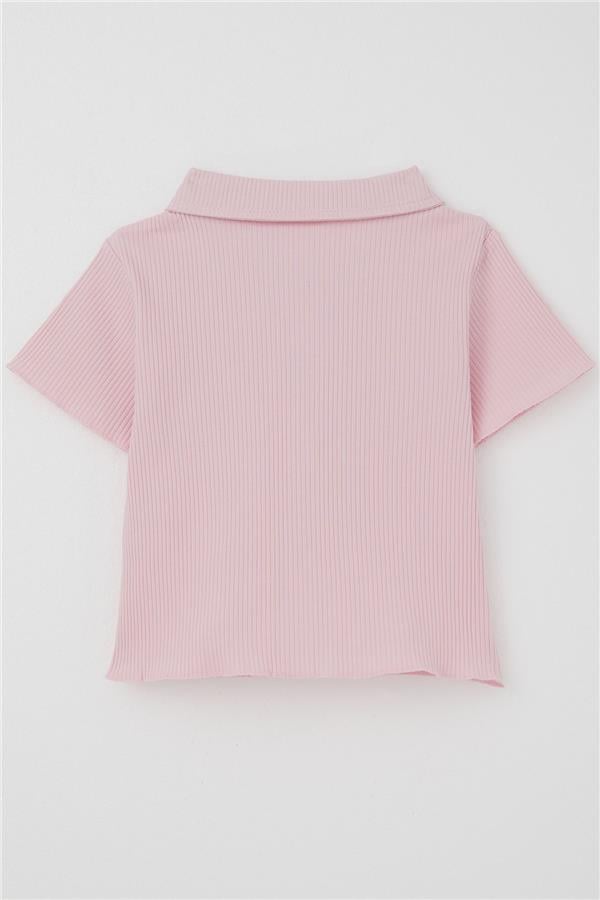 Girls' Crop T-Shirt, Snap Button, Ribbed, Pink (Ages 9-14)