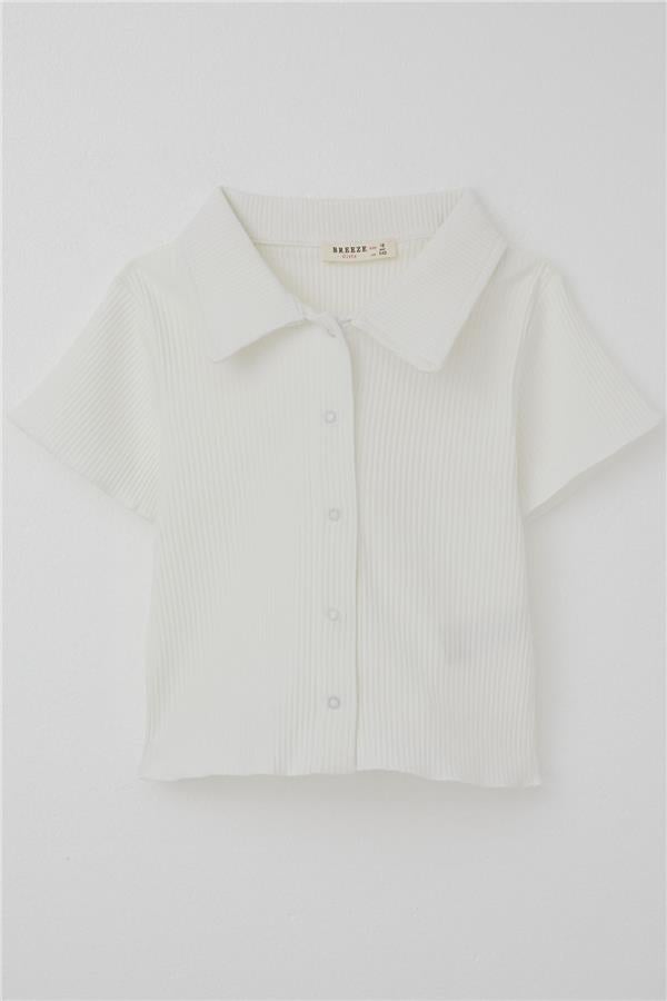 Girls' Crop T-Shirt with Snap Buttons, Ribbed, Ecru (Ages 9-14)