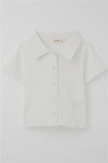 Girls' Crop T-Shirt with Snap Buttons, Ribbed, Ecru (Ages 9-14)