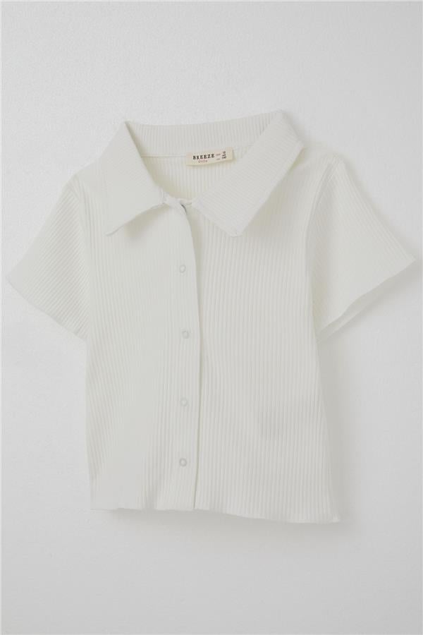 Girls' Crop T-Shirt with Snap Buttons, Ribbed, Ecru (Ages 9-14)