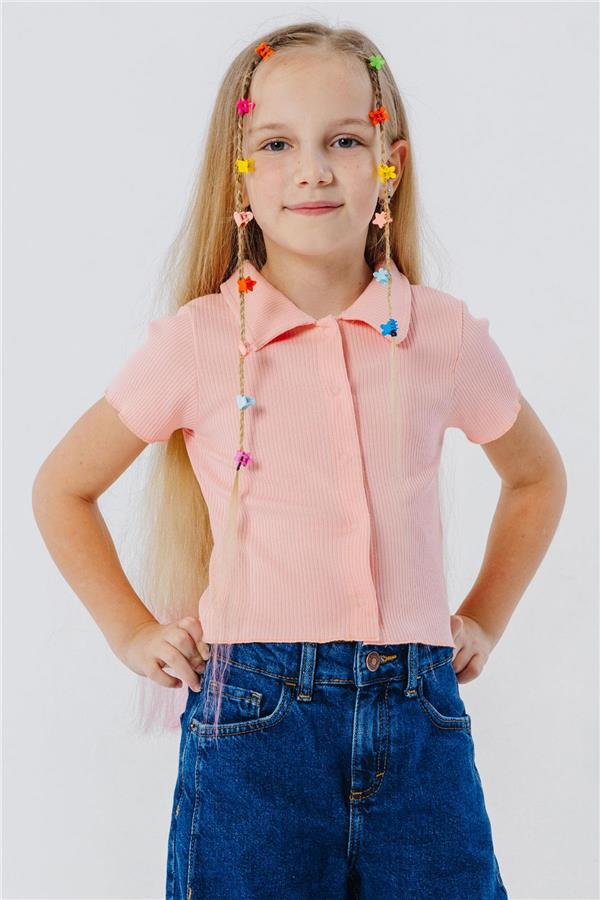 Girls' Crop T-Shirt with Snap Buttons, Ribbed, Salmon (Ages 9-14)