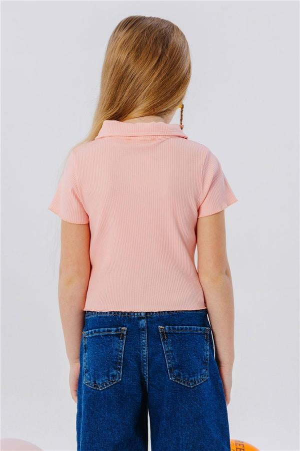 Girls' Crop T-Shirt with Snap Buttons, Ribbed, Salmon (Ages 9-14)