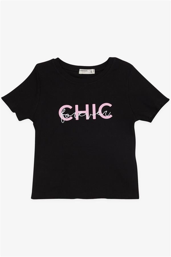 Girls' Crop T-Shirt with Text Print, Black (Ages 8-14)