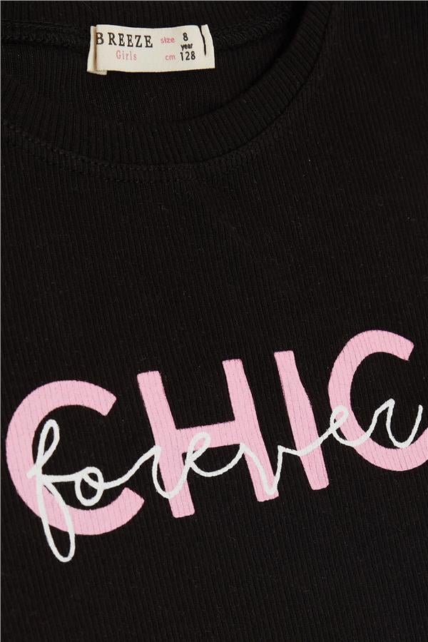 Girls' Crop T-Shirt with Text Print, Black (Ages 8-14)