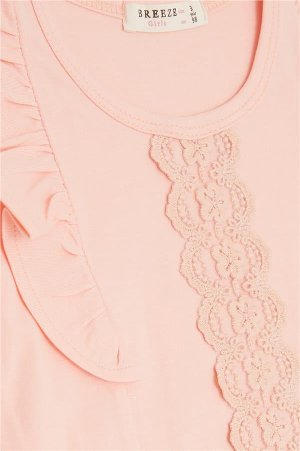 Girls' T-shirt with Ruffles and Lace Embroidery, Salmon Color (Ages 3-8)