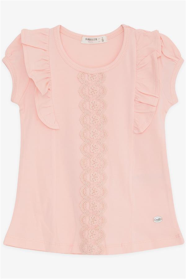 Girls' T-shirt with Ruffles and Lace Embroidery, Salmon Color (Ages 3-8)
