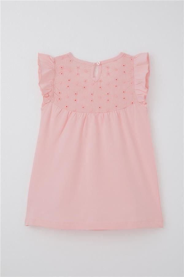 Girls' T-shirt with Ruffles and Embroidery, Pink (Ages 4-8)