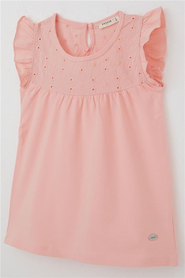 Girls' T-shirt with Ruffles and Embroidery, Salmon Pattern (Ages 4-8)