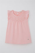 Girls' T-shirt with Ruffles and Embroidery, Pink (Ages 4-8)