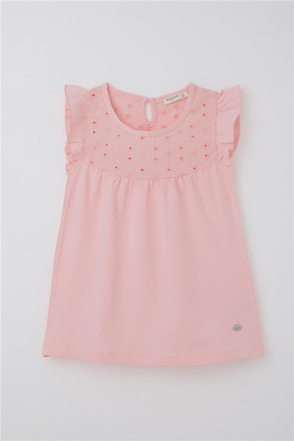 Girls' T-shirt with Ruffles and Embroidery, Pink (Ages 4-8)