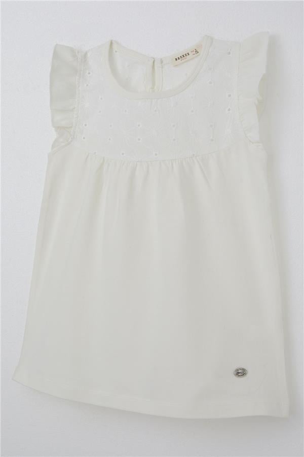 Girls' T-shirt with Ruffles and Embroidery, Off-White (Ages 4-8)