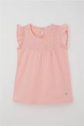 Girls' T-shirt with Ruffles and Embroidery, Salmon Pattern (Ages 4-8)